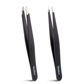 Diodiva 2-Pack Tweezers for Eyebrows, Facial Hair, Ingrown Hair Removal, Slant and Point Tip Tweezer Set for Women and Men, Professional Stainless Steel Precision Eyebrow Plucking Grooming with Case - Black
