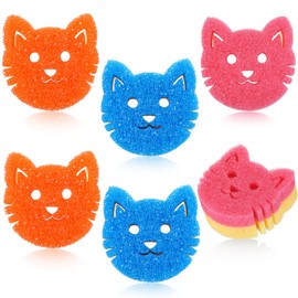 FillTouch 6 Pcs Cat Dual Sided Scrub Sponge Cleaning Sponges Cute Temperature Sensitive Dish Sponges for Washing Dishes Non Scratch Household Multi Use Sponges Scrubber for Kitchen, 3 Colors