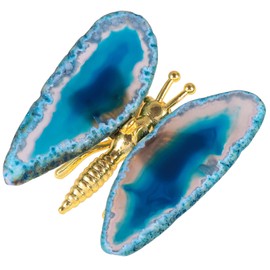 KYEYGWO Agate Slices Butterfly Figure Decoration with Stone Wings, Golden Flying Butterflies Statue Healing Stone Fengshui Ornament Crystal Animal Sculpture for Home & Office, Blue