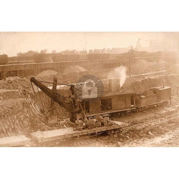 Steam Shovel Loads Flat Train Cars RR Tracks at Mine