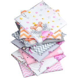 CraftsFabrics Pack of 8 40cm x 50cm Pink Fairy Cartoon 100% Cotton Fabric Bundle for Quilting, Scrapbooking, Patchwork, Arts and Crafts