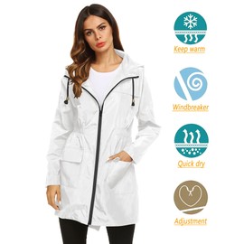 LOMON Womens Lightweight Waterproof Rain Jacket Active Outdoor Hooded Raincoat with Pockets White XXL