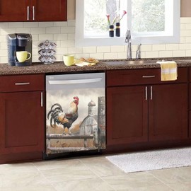 Vintage Rooster Magnetic Dishwasher Cover,Farmhouse Chicken Dishwasher Magnets Decal,Country View Sticker Refrigerator Decorative Cover,Fridge Magnet Decals for Appliance Kitchen Decor 23x26