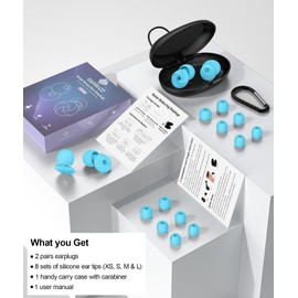 Earbuzz Noise-Reducing Silicone Ear Plugs for Sleep, Block up to 33dB, 4 Ear Tip Sizes, Comfortable All-Night Use (Light Blue, One Size)