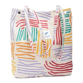 YanZhou Canvas Tote Bag for Women, Large Capacity Corduroy Quilted Tote Bag with Inner Pockets, Durable Stylish ，Reusablee (Colorful stripes)