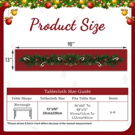 Christmas Table Runner, Red Linen Christmas Table Runners Tablecloth with Christmas Tree Bells Xmas Cane Print, Dinner Christmas Table Decoration for Xmas Table Centrepiece Decorations (13 x 90Inch)