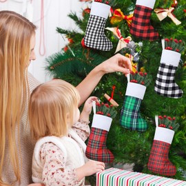 Skylety 36 Pcs 24 Pcs Mini Christmas Stockings 8.27 Inch Small Buffalo Plaid Stockings Hanging Ornament Classic Bulk Christmas Stockings for Family Holiday Party Gift Xmas Tree Fireplace Decoration