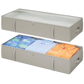TidyCorner 2-Pack Under Bed Storage Containers, 8 Inches Tall Underbed Clothes Storage Organizer Bin with Sturdy Sidewalls/Bottom, Under the Bed Storage Bags 2 Storage Bins, Light Grey