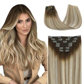 SURNEL Clip in Hair Extensions Walnut Brown to Ash Brown and Golden Blonde Clip in Real Human Hair Extensions Clip Ins Balayage Clip in Hair Extensions14 Inch 7pcs 140g(7C#3/8/22-14'')