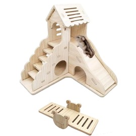 HIDOSNG Hamster House, Wooden Hamster Maze Villa, Hamster Accessories, Hamster Hideout for Hamster, Mice, Gerbils, Lemmings