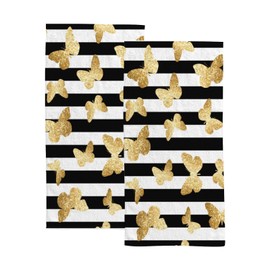 Hand Bath Towels for Bathroom Set of 2 Gold Glitter Butterflies Black Stripe Shower Towel Water Absorbent Soft Microfiber Face Body Towel Kitchen Gym Spa Salon 30x15Inches