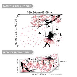 Cherry Blossom Branch Wall Decals Swing Butterfly Girl Wall Stickers Flower Walls Decal Peel and Stick Walls Murals Decor for Girl Princess Bedroom Living Room (Pink Flower Girl)