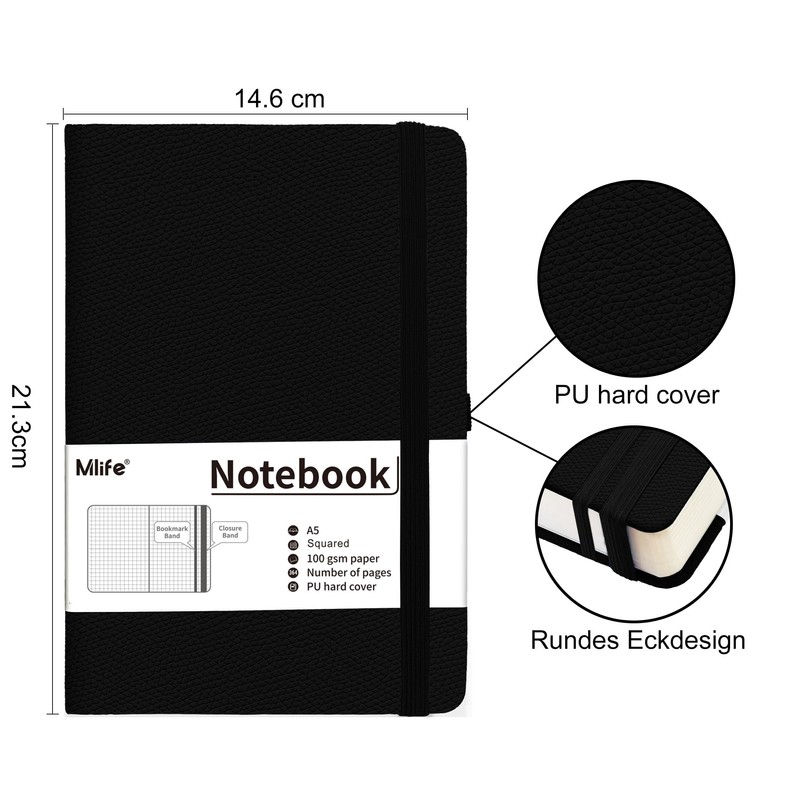 Mlife A5 Graph Paper Notebook,360 Pages Thickened Squared Notebook,Premium 100g/M²