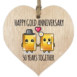 50th Wedding Anniversary Plaque Gift for Husband Wife - 50 Years Together - Happy Gold Anniversary Wooden Heart for Women Men Partner, Light Wood Sign Keepsake Gifts