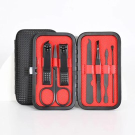 Manicure Set, Portable Nail Clippers & Eyebrow Grooming Kit, Nail Care Tools, Pedicure Tools, Grooming Tools for Travel & Home, Gift for Men, Women, Friends and Parents (7 pieces) (Black & Red)
