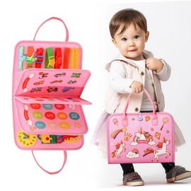 EVERGD Busy Board Montessori Toy for Toddler, 3-Layer Pink Unicorn Educational Activity Sensory Board Preschool Learning Fine Motor Skills Toys, Travel Toy for Plane Car, Gift for Girls 1 2 3 4 Years