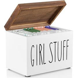 Jomeis Girl Stuff Storage Box, Bathroom Organiser for Female Hygiene Products, Wooden with Hinged Lid, Discreet and Stylish Storage for Pads, Tampons, Liners - Black/White and