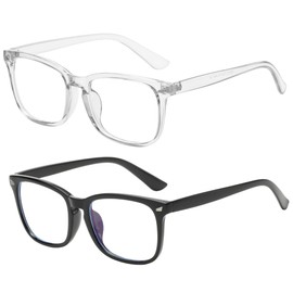 OWL Blue Light Blocking Glasses, 2 Pack Square Adult Computer Use Fake Eyeglasses, Unisex Adult Squared Frame, Screen Time and Gaming Specs with Microfiber Pouches (Transparent, Black)
