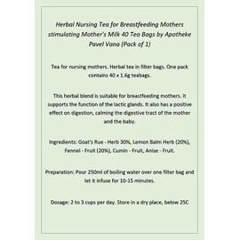 Herbal Nursing Tea for Breastfeeding Mothers stimulating Mother's Milk 40 Tea Bags by Apotheke Pavel Vana (Pack of 1)