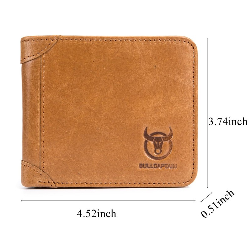 BULLCAPTAIN Men's Genuine Leather RFID Trifold Wallet with 2 ID