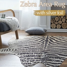jinchan Zebra Area Rug with Silver Foil 5x7 Faux Cowhide Rug Zebra Print Rug Indoor Floor Cover Animal Skin Alternative Rug Bedroom Living Room Accent Rug Western Theme Safari Decor
