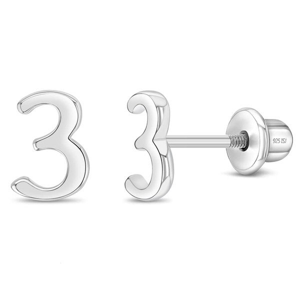 925 Sterling Silver Polished Number 3 Screw Back Earrings For