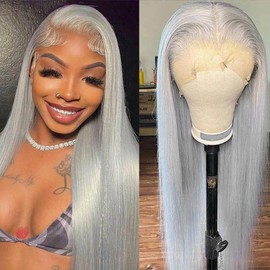 GJRainDY Grey Lace Front Wig Synthetic Straight Sliver Long Hair Wigs for Women Pre Plucked with Natural Hariline for Fashion Women Heat Resistant Hair Gray Glueless Synthetic Lace Wig