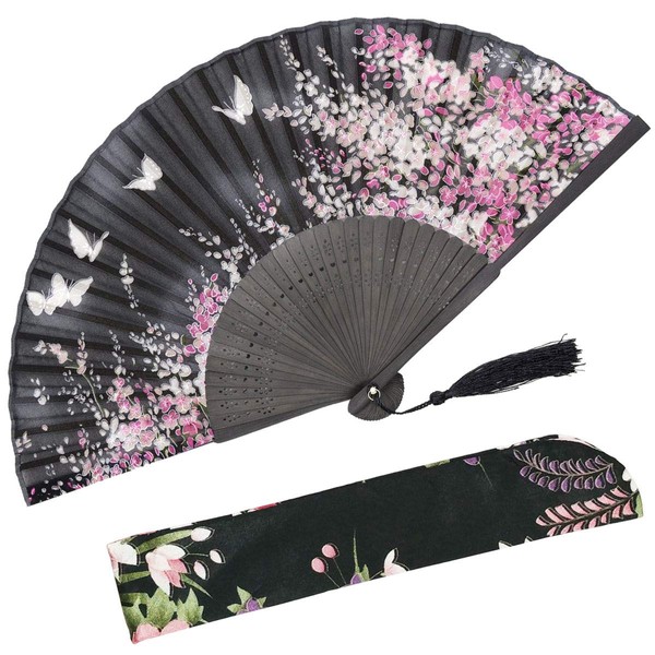 OMyTea Folding Hand Fan for Women Sakura Chinese Japanese Vintage Retro Style with Fabric Cover for Protection (WZS-Black)