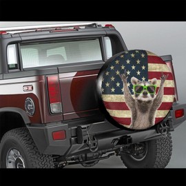 Cute Raccoon Spare Tire Cover American Flag Tire Wheel Covers Waterproof Wheel Tire Protector Weatherproof Dust-Proof Tyre Covers Universal Fit for Trailer RV SUV Truck Off-Road Vehicle Travel 16 Inch