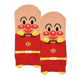 Fukusuke 387Q11M3 Anpanman Puppet, 7 Characters, Front Sneaker-in-Length Socks, 2 Pairs Set, Fukusuke Kids, Red × Dokin-chan, 23.0-25.0 cm