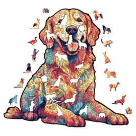 Wooden Jigsaw Puzzle, Loyal Golden Retriever Wooden Puzzle for Adults, Unique Shape Dog Wooden Jigsaw Puzzle, Family Puzzle, Interesting Gifts for Family and Friends (9.4 * 8.9in 120pcs)