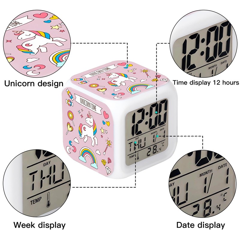 Cisixin Digital Alarm Clock Unicorn Colourful Square Girls LED Illuminated