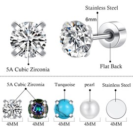 Flat Back Earrings for Women - 5 Pairs Hypoallergenic Cartilage Stud Earrings Set - Stainless Steel Flat Back Stud Earrings