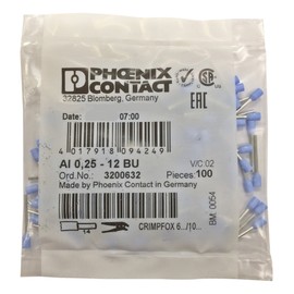 Phoenix Contact Lens AI0 X 25 – 12BU (100 Pack/Bag) Insulated Sleep With Stick Terminal (Ferrules)