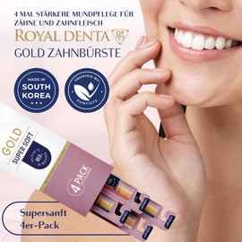 Royal Denta Gold Super Soft Zahnbürste 4 Stück, Extra Weiche für empfindliche Zähne und Zahnfleisch, Doppellänge Borsten für die Interdentalreinigung