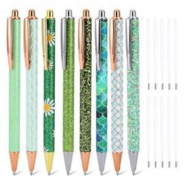WY WENYUAN 8 Pcs Green Sparkly Pens for Women - Cute Glitter Ballpoint Pens with 10 Refills, Elegant Girl Pens for Office, School, Christmas & Graduation Gifts (Green Shimmering)