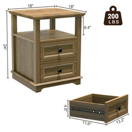 REDAYFUR End Table with Fast USB C Charging Station, 24” Tall Sofa Side Table with 2 Drawers, Large Storage Rustic Wood Square Storage Cabinet for Living Room,Bedroom,Office, Light Brown