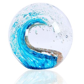EUSTUMA Hand Blown Glass Figurines Ball Ocean Waves,Office Paperweight Glass for Desk,Home Decor Collectible,Aquarium Decor,Office Decor Ocean Lovers