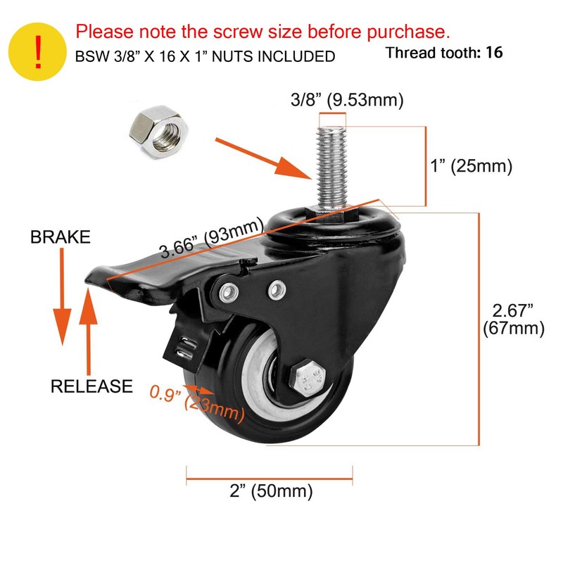 2" Stem Caster Wheels with Safety Dual Locking 600Lbs Heavy