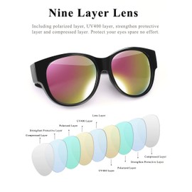 Leoidou Polarized Sunglasses Fit Over Glasses Over Glasses Trendy Round Cat Eye and HD Wrap-around Sunglasses(Black-mirror pink, Mirror pink)