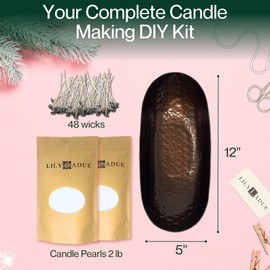 LILY LADUE 2lb/32OZ Pearled Candles Sand and Wicks with Bronze Bowl - White Unscented Plant-Based Pearl Sand Wax with 48 Wicks, Gift-Ready DIY Candle Making Kit with Reusable Powder Wax Beads