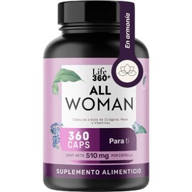 LIFE 360+ All Woman | 360 Cápsulas | Colágeno Hidrolizado, Vitamina E, Biotina, Vitamina C, Vitamina D, Vitamina B12, Ácido Fólico, Maca | Suplementos Alimenticios | 360 Cápsulas por Envase