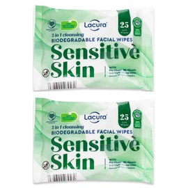 Lacura 3 In 1 Biodegradable Cleansing Facial Wipes For Sensitive Skin, Makeup Removal Wipes with Pro-Vitamin B5, 2 Packs (50 wipes in total)
