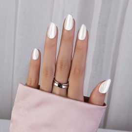 SXVME Cat Eye White Press On Nails Short Almond Shaped - 30Pcs Stiletto Fake Nails Acrylic Press ons Natural Thick Gel Nails Short Glue on Nails Opaque Glitter False Nails for Women No Glue