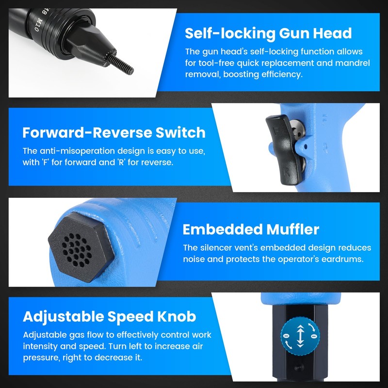 GRYVOZE Pneumatic Rivet Nut Gun Kit with 1/4 & 5/16