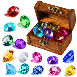 MARFOREVER Diving Gem Pool Toys, 15 Colorful Diamond Treasure with Wooden Treasure Chest Pirate Box Sinking Diving Gems Set Summer Crystals Treasure for Swimming Training Gifts Boys Girls Pool Toys