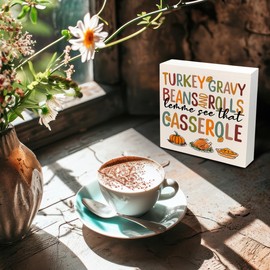 Kneaotoaji Thanksgiving Day Wooden Sign - Turkey Pumpkin Desk Decor, Thanksgiving Gifts for Women, Autumn Fall Wooden Box Sign for Home Kitchen Tabletop Shelf Decor 5x5 Inch