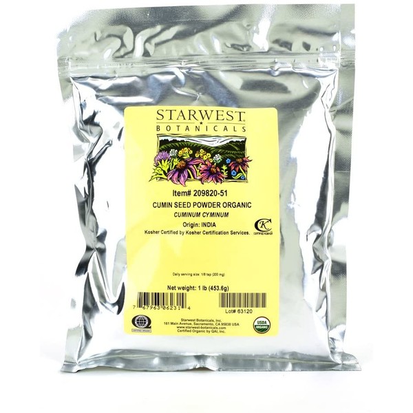 Starwest Botanicals Organic Ground Cumin Seed Powder, 1 Pound Bulk Spice