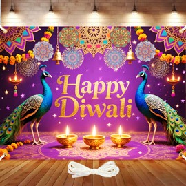 Happy Diwali Backdrop Decorations 7x5Ft Large Diwali Banner Deepavali Peacock Backdrop Festival of Lights Party Decorations Purple Themed for Home with 19.68Ft Ribbon