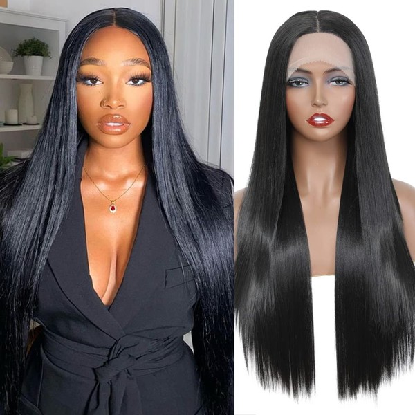 SOKU Yaki Lace Front Wig Synthetic Straight Natural Long Straight Heat Resistant Soft Medium Lace Front Wigs for Women Black Daily Wear (26 Inch)